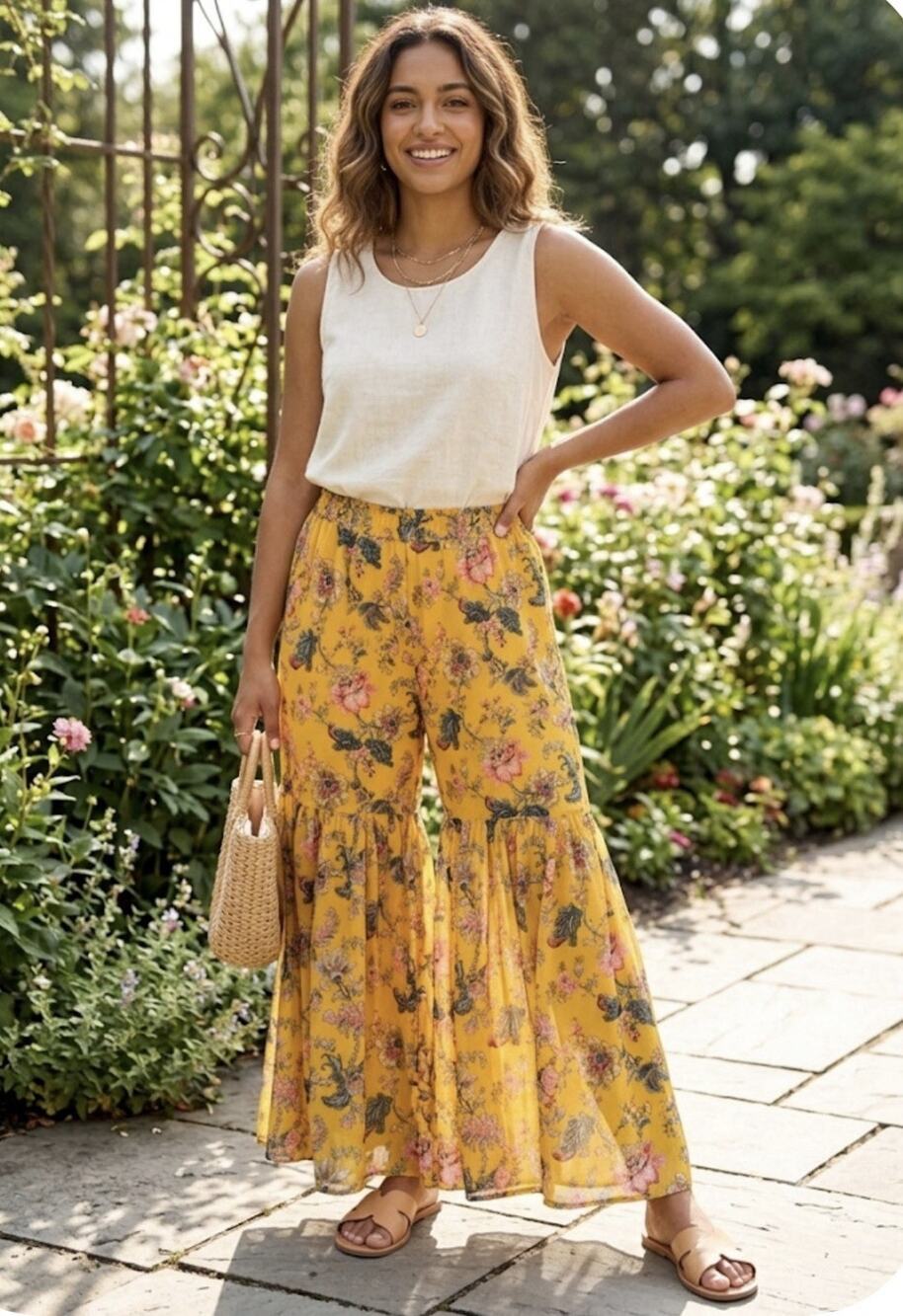 Janasya Yellow Floral Sharara Pants Women Size M Wide Leg Flared Palazzo Boho
